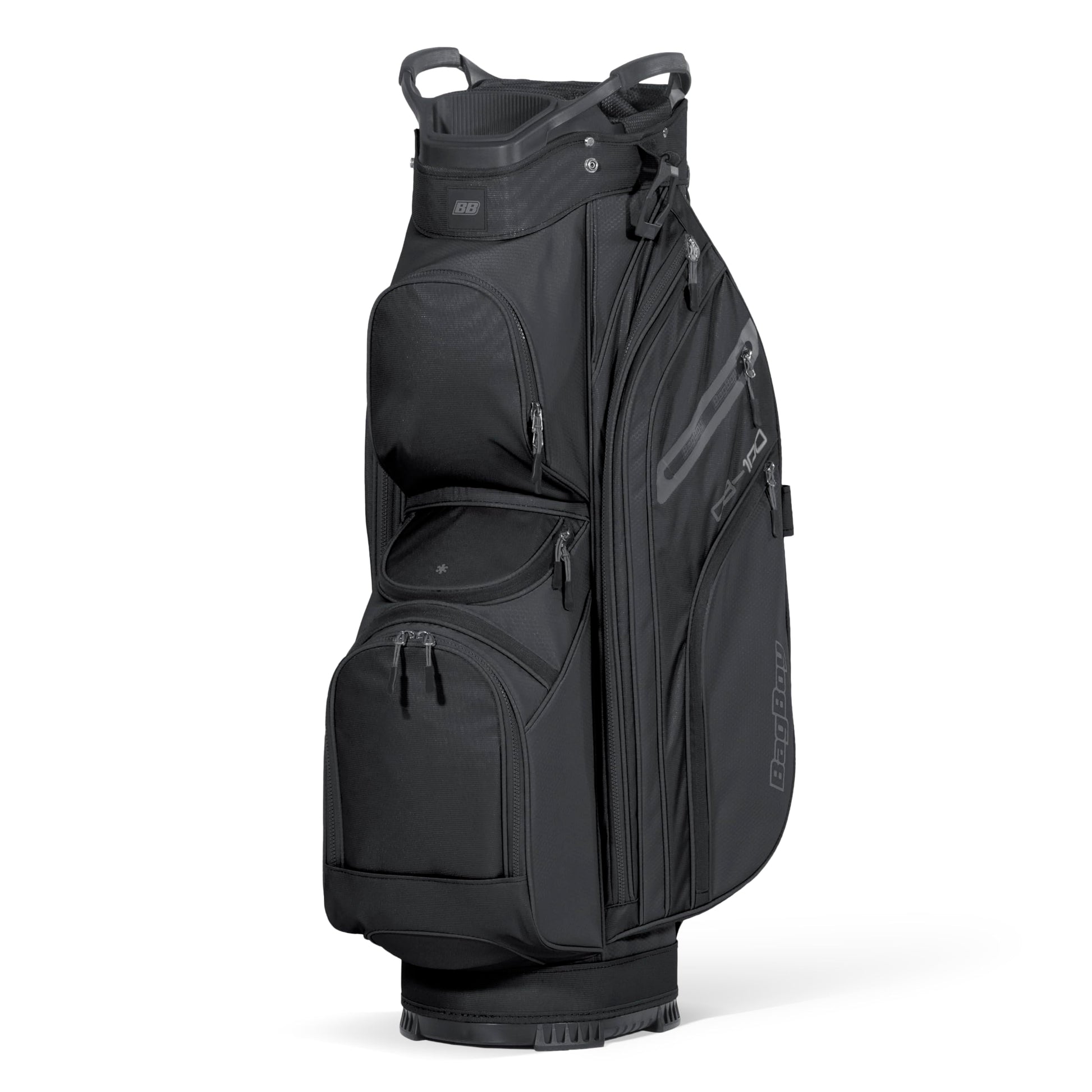 Black golf bag with visible brand logo on a white background