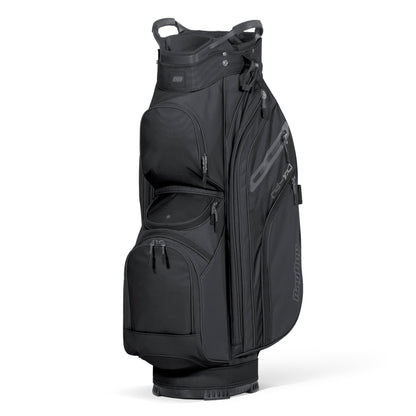 Black golf bag with visible brand logo on a white background