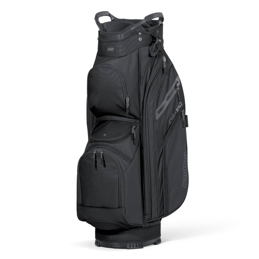 Black golf bag with visible brand logo on a white background