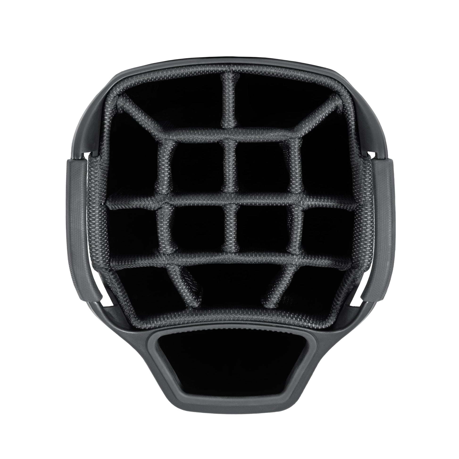 Close-up of a golf bag 14-way top in black.
