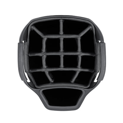 Close-up of a golf bag 14-way top in black.