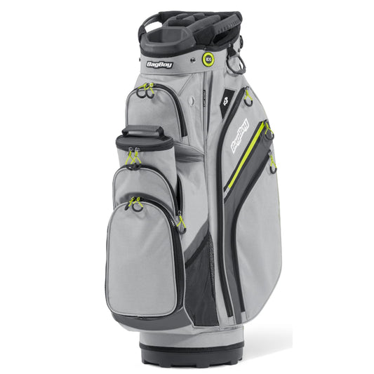 Gray and black golf bag with lime green accents on a white background