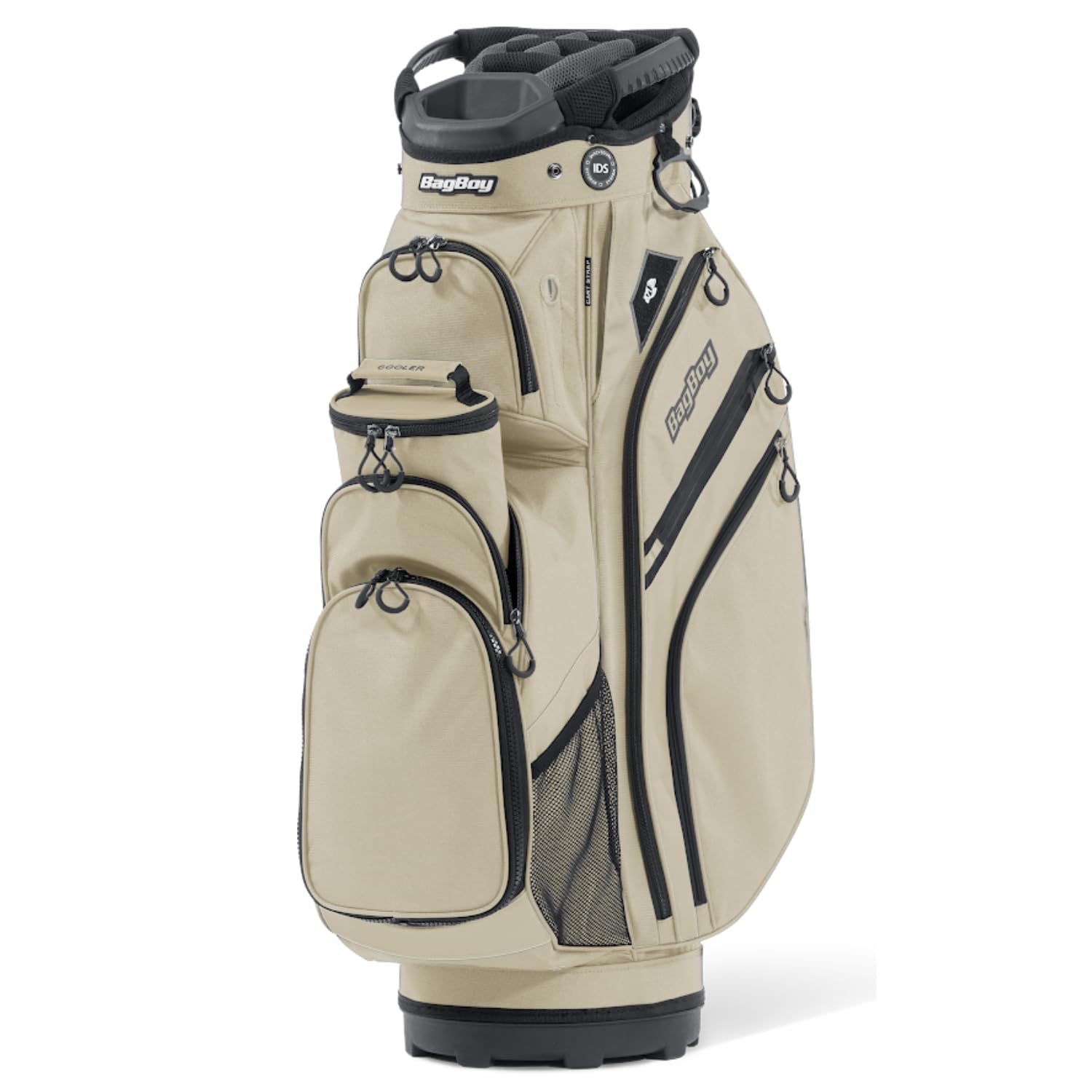 Beige golf bag with black accents on a white background