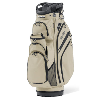 Beige golf bag with black accents on a white background