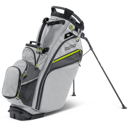 Gray and black golf bag with a stand on a white background