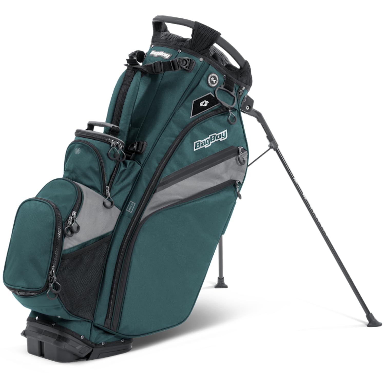 Green golf bag with gray accents and a visible brand logo on a white background