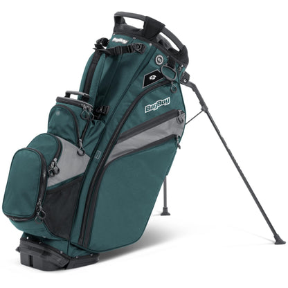 Green golf bag with gray accents and a visible brand logo on a white background