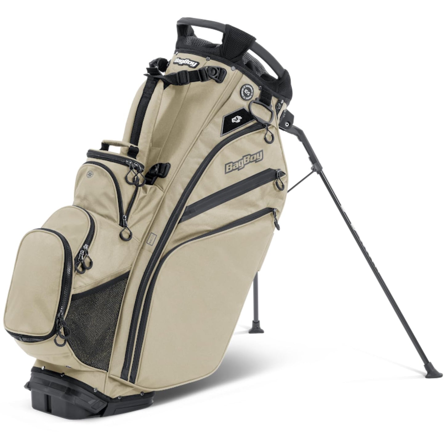 Beige golf bag with black accents on a white background