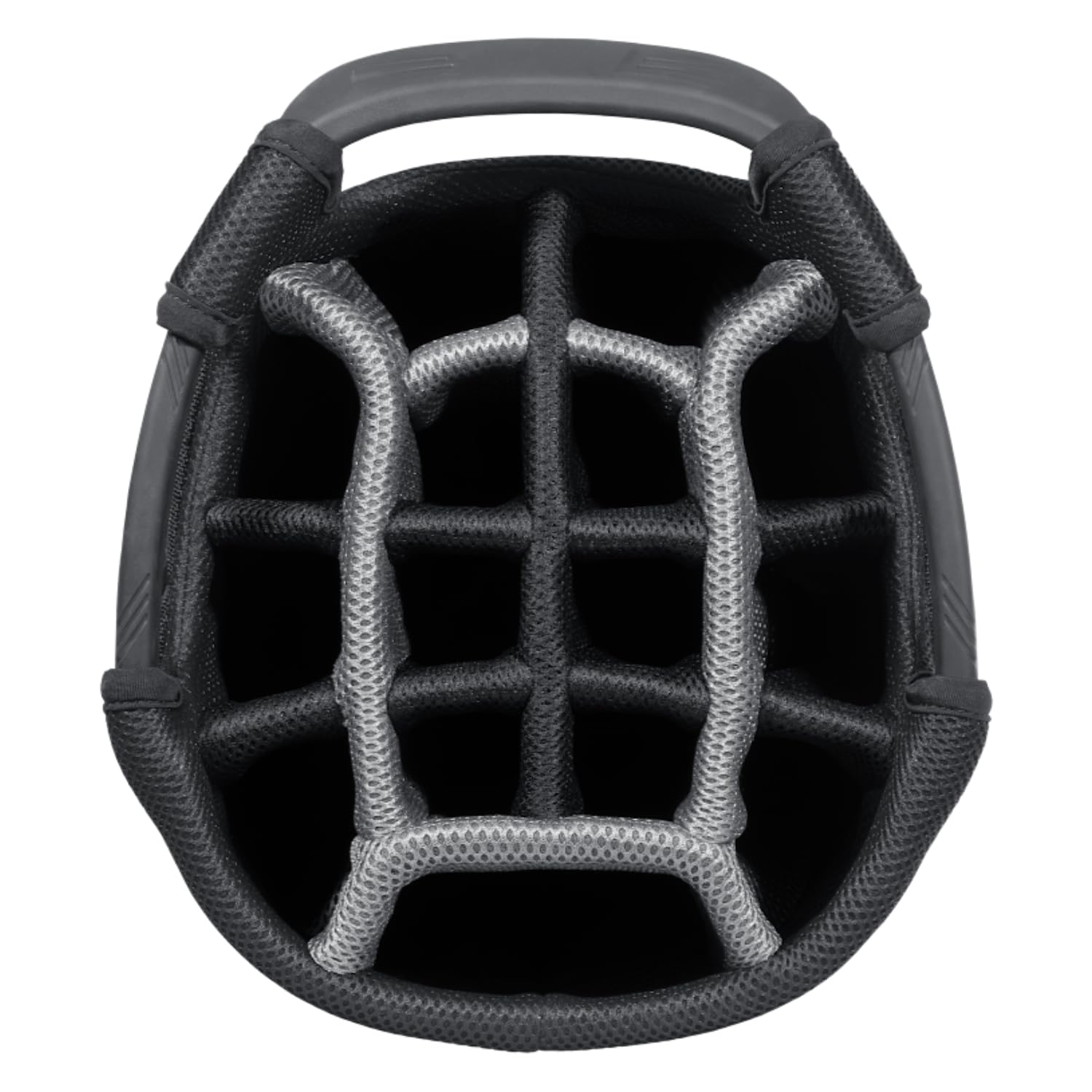 Close-up of a golf bag 14-way top in black.