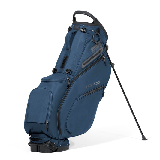 Blue golf bag with a stand on a white background