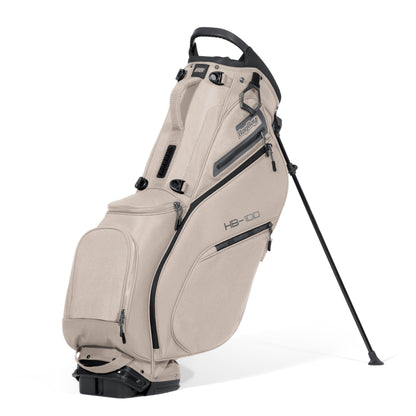 Beige golf bag with black accents on a white background
