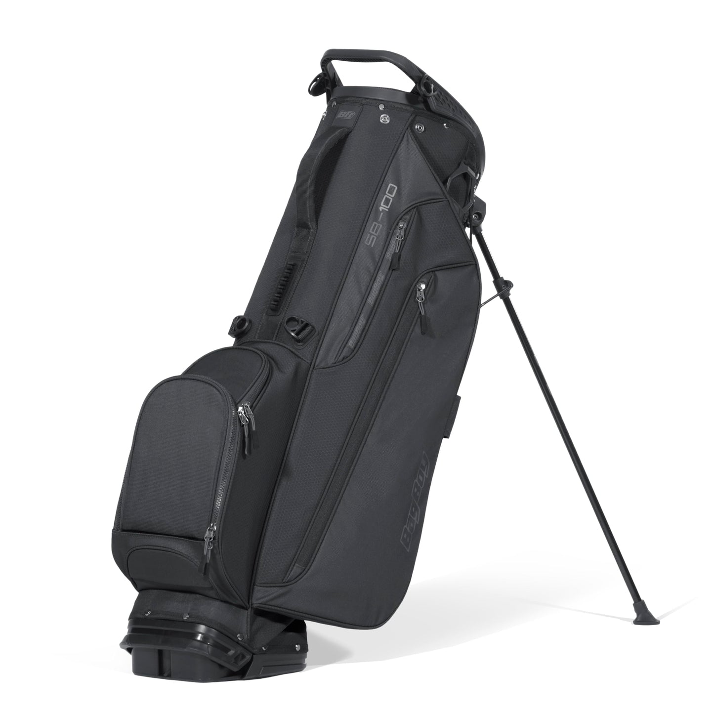 Black golf bag with stand on a white background