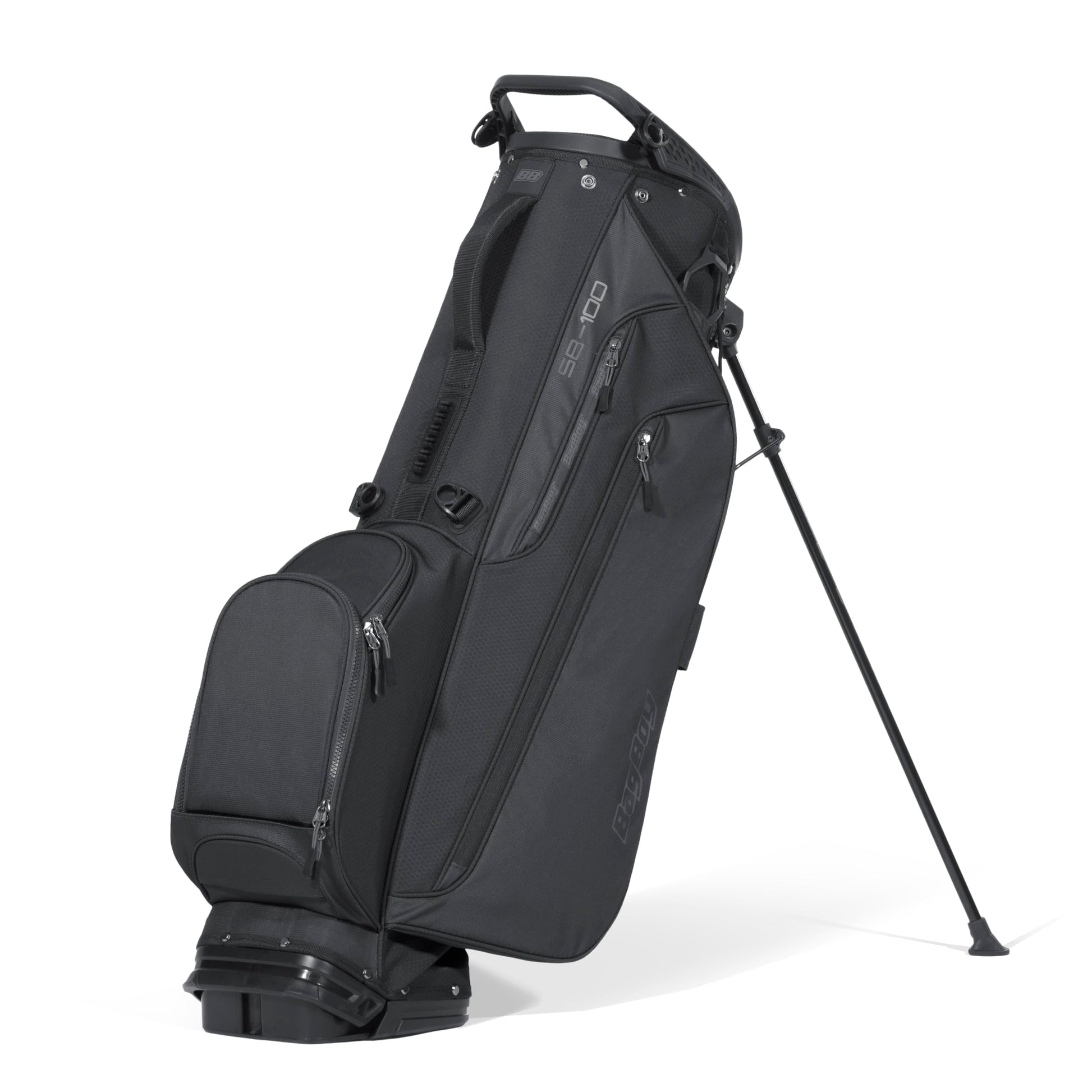 Black golf bag with stand on a white background