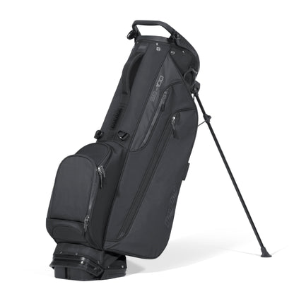 Black golf bag with stand on a white background