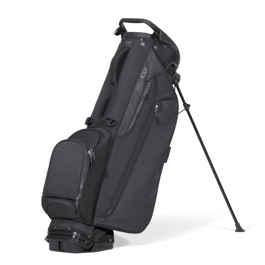 Black golf bag with stand on a white background