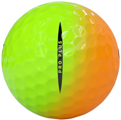 Golf ball with a gradient from green to orange and 'Pro Plus' branding.