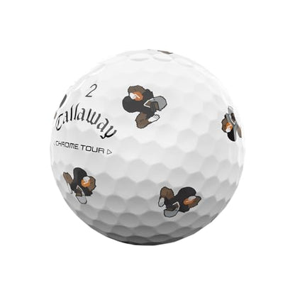 Callaway Chrome Tour golf ball with football player designs on a white background