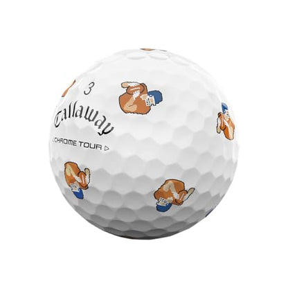 Callaway Chrome Tour golf ball with cartoon football player designs on a white background