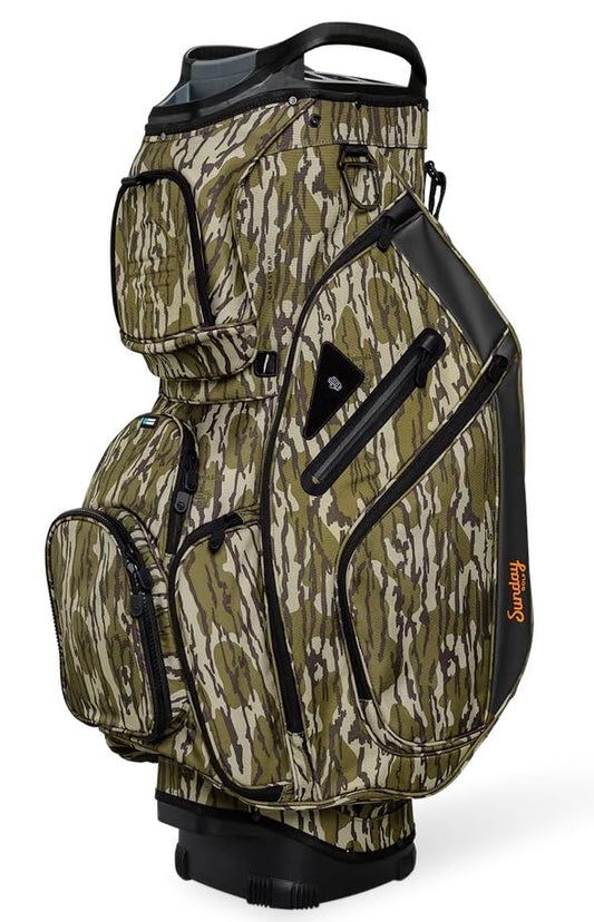 Camouflage golf bag with black accents on a white background