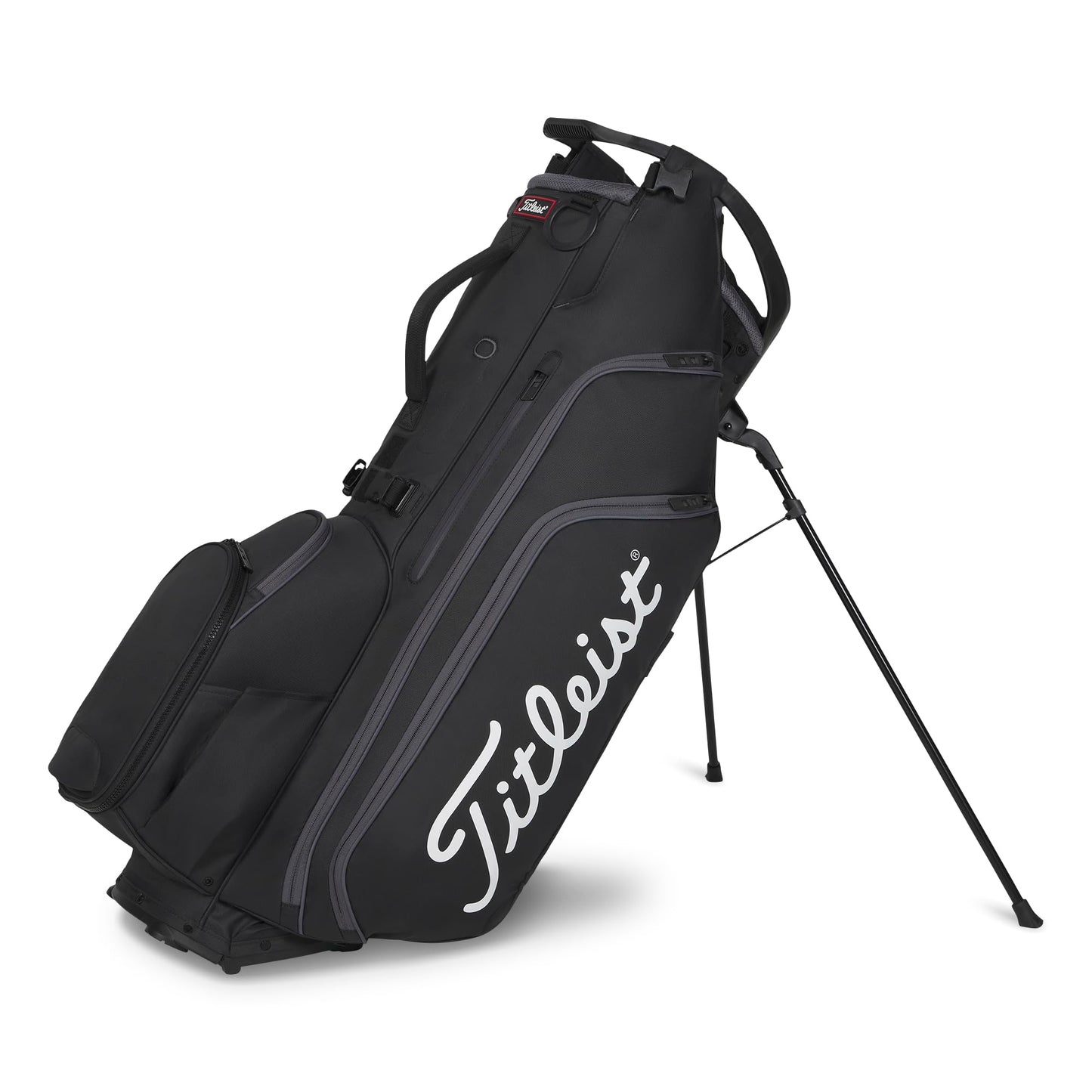 Black golf bag with Titleist logo on a white background