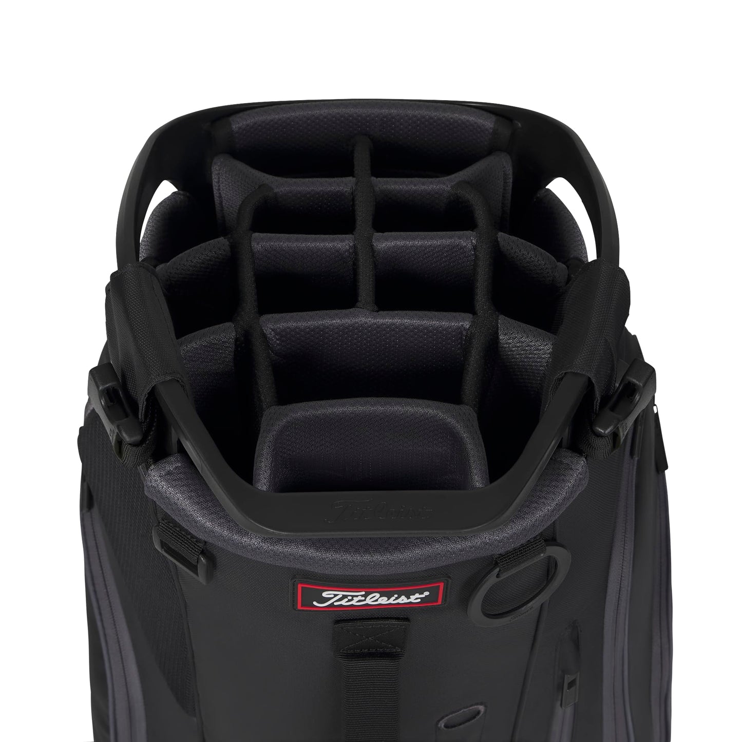 Black golf bag with Titleist logo on a white background