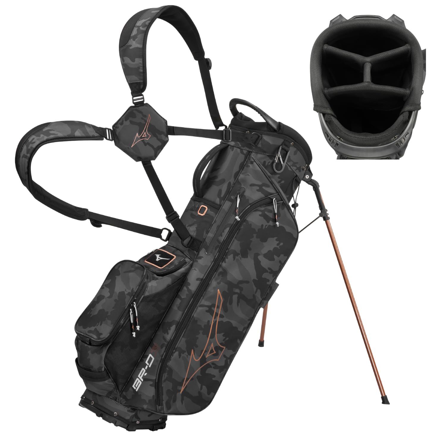 Black camouflage golf bag with stand and helmet on a white background