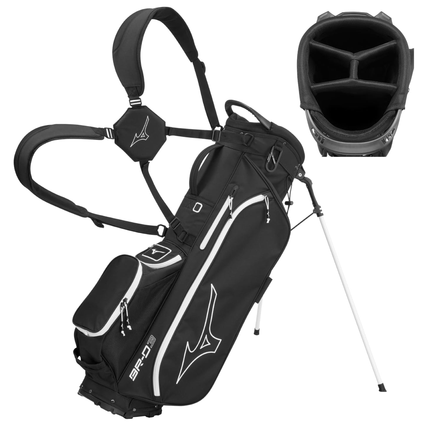 Black golf bag with white accents and a Mizuno logo, featuring a golf club head cover on a white background.
