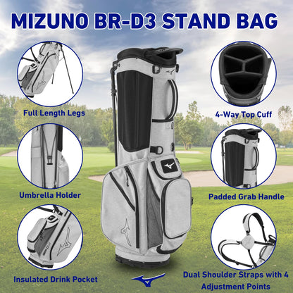 Mizuno BR-D3 stand bag with features highlighted on a golf course background