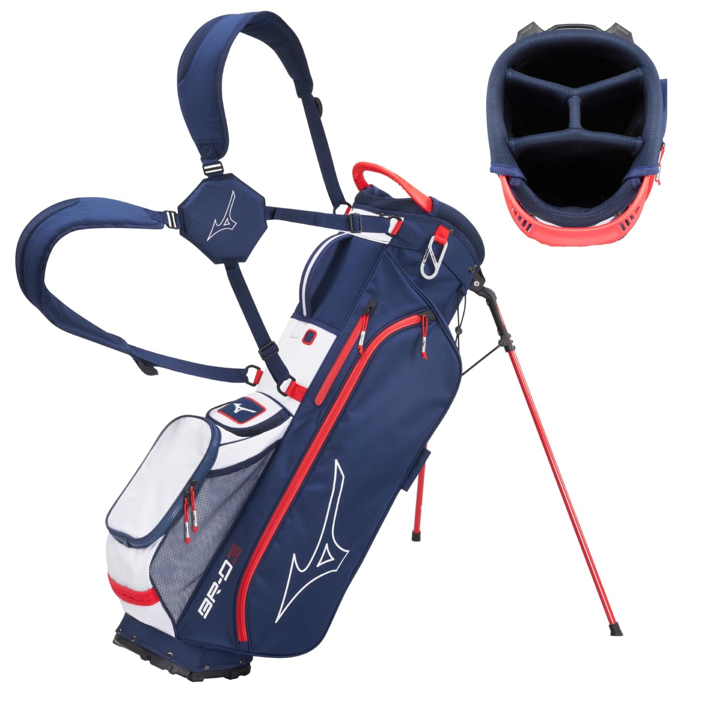Navy and white golf bag with red accents and a golf club head cover on a white background