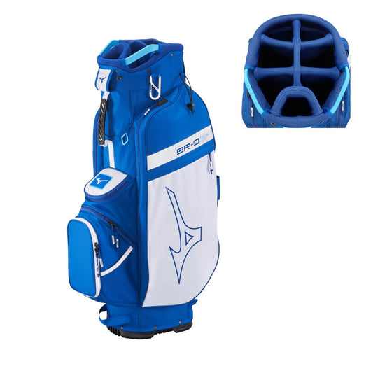 Blue and white golf bag with a close-up of its interior on a white background
