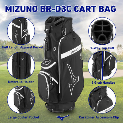 Mizuno BR-D3C golf cart bag with features highlighted on a golf course background