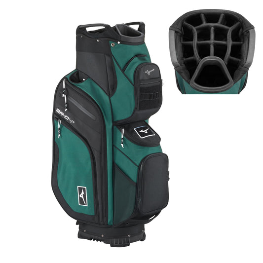 Green and black golf bag with detailed view of a compartment on a white background