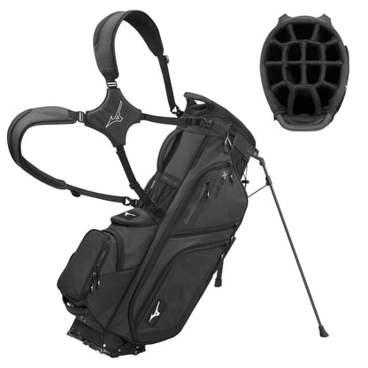 Black golf bag with stand and head cover on a white background