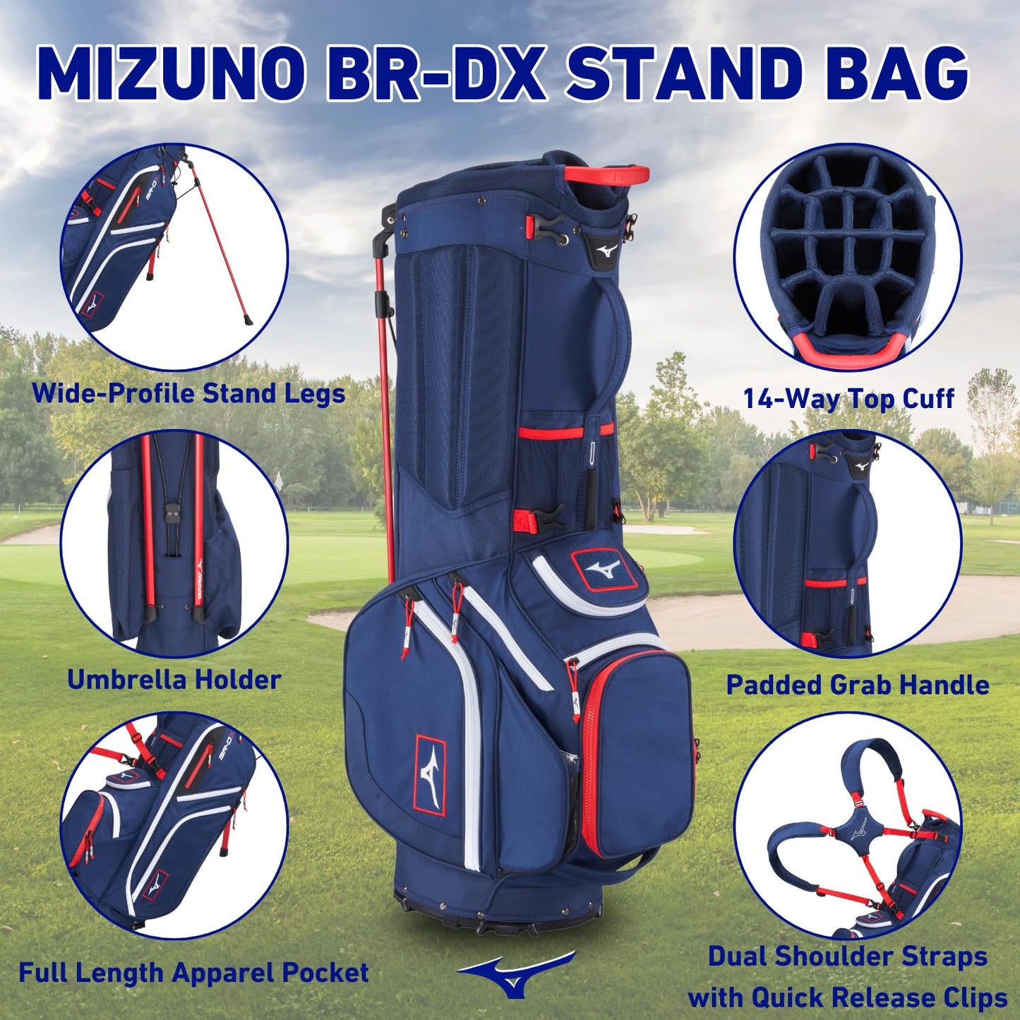 Mizuno BR-DX stand bag with features highlighted on a golf course background