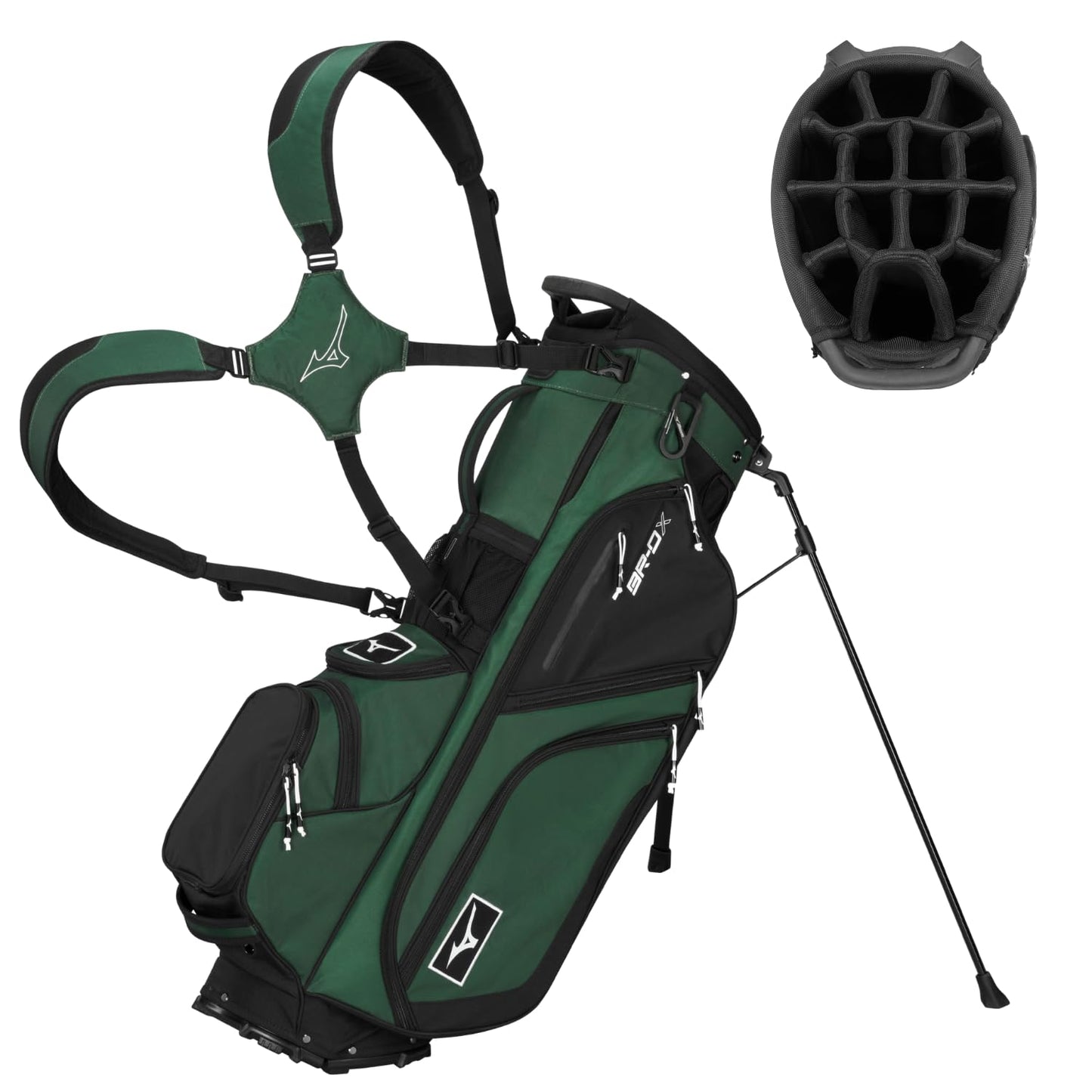 Green and black golf bag with a close-up of the head cover on a white background
