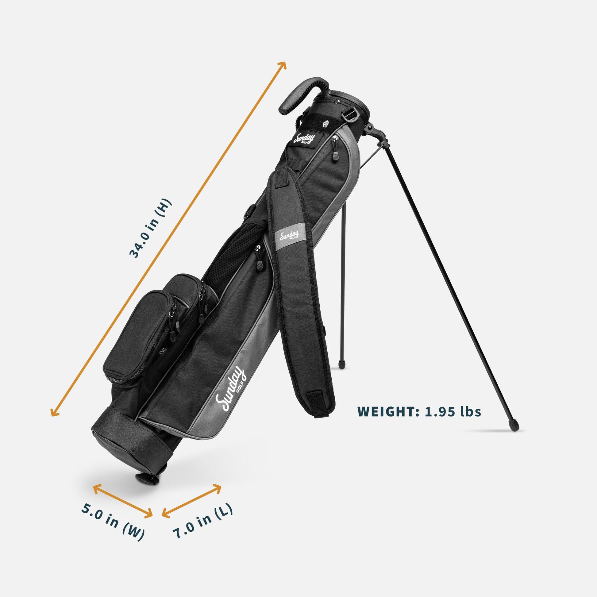 Black golf bag with dimensions and weight information on a white background