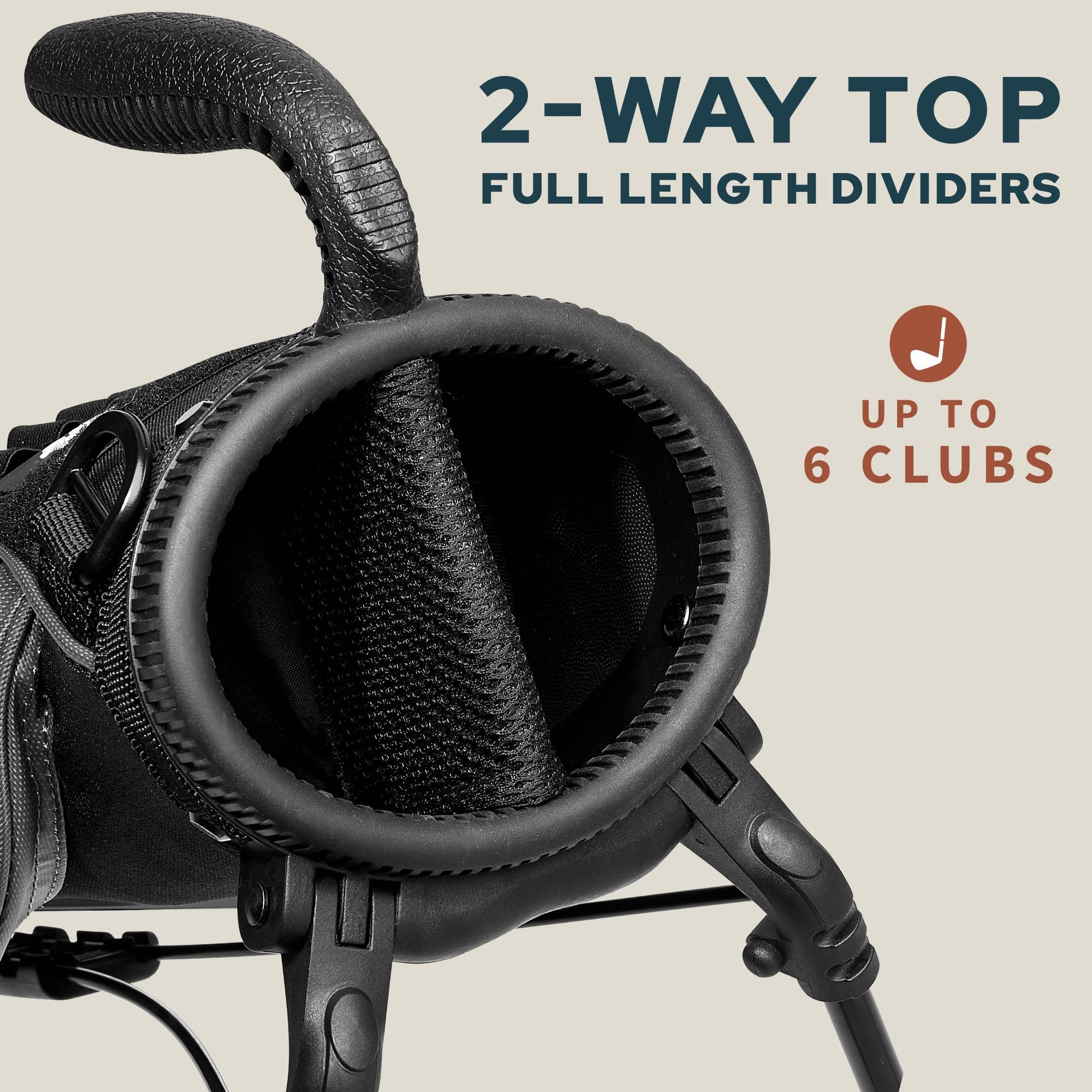 Black golf club with '2-Way Top Full Length Dividers' text on a beige background