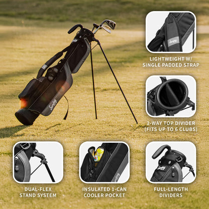 Golf bag with features highlighted on a golf course background