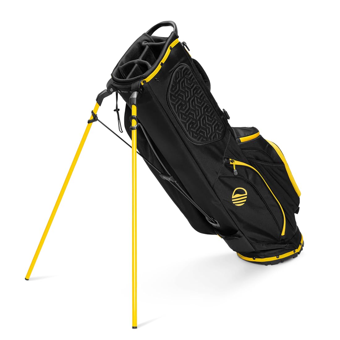 Black golf bag with yellow accents on a white background