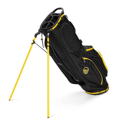 Black golf bag with yellow accents on a white background