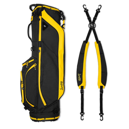 Black and yellow golf bag with a strap on a white background
