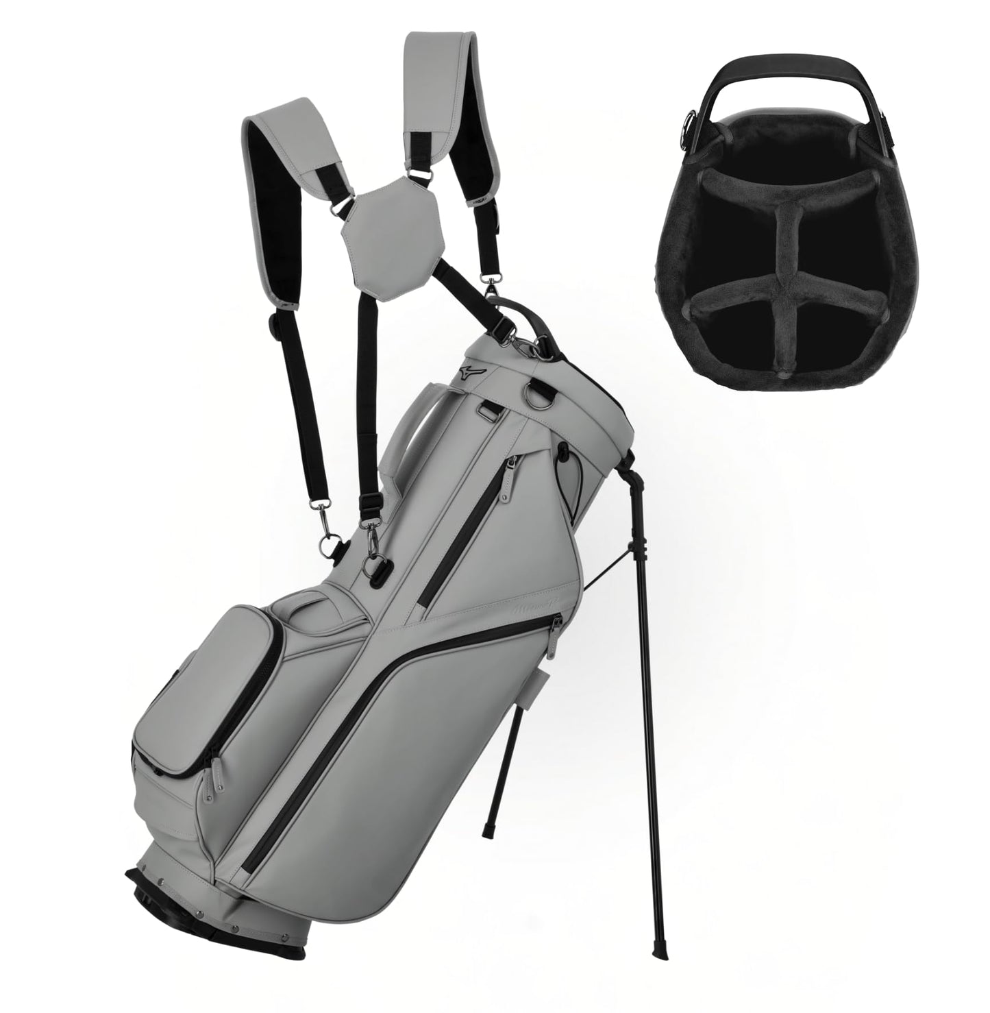 Gray golf bag with stand and black helmet on a white background
