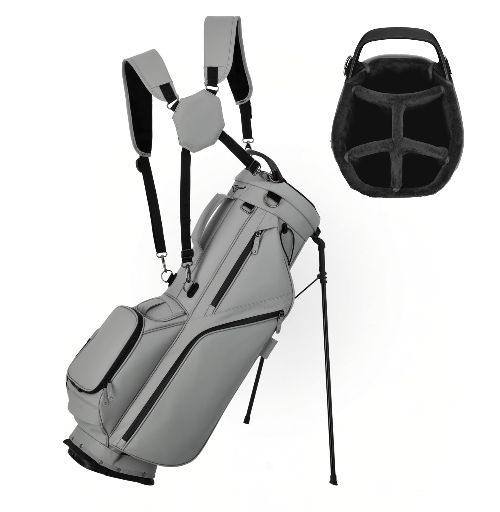 Gray golf bag with stand and black helmet on a white background