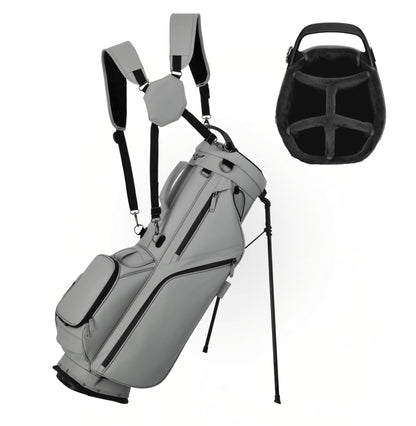 Gray golf bag with stand and black helmet on a white background