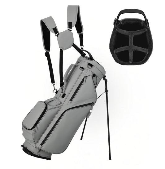 Gray golf bag with stand and black helmet on a white background
