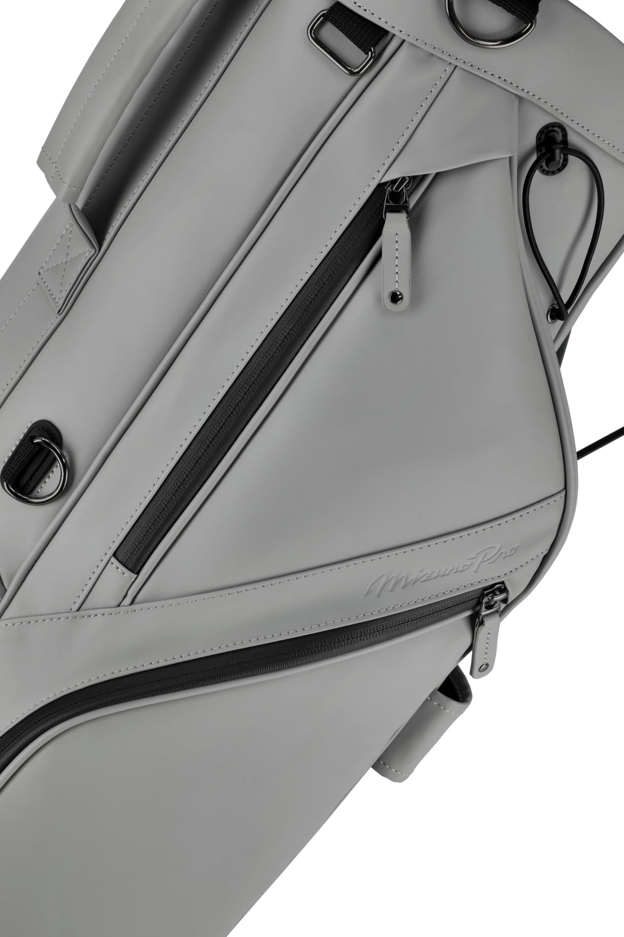 Gray golf bag with black zippers on a white background