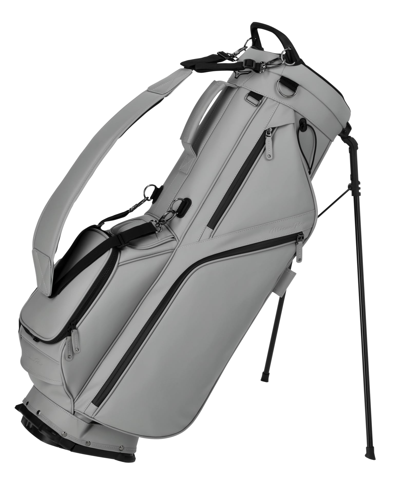 Gray golf bag with black accents on a white background