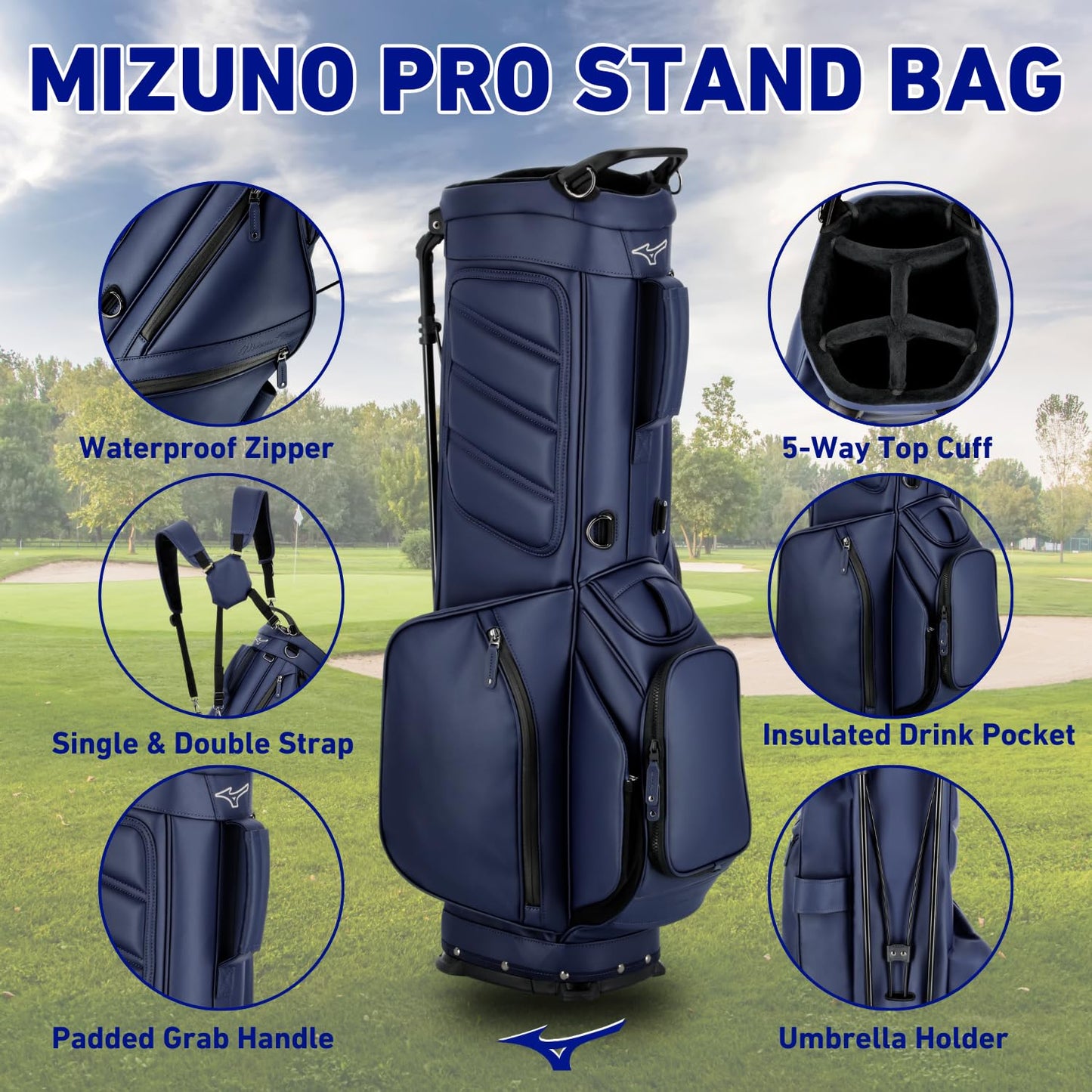 Mizuno Pro Stand Bag with features highlighted on a golf course background