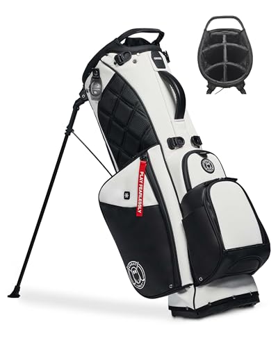 White and black golf bag with a stand on a white background