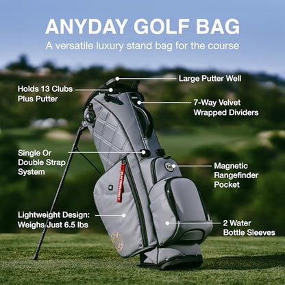 Gray golf bag with features highlighted on a golf course background